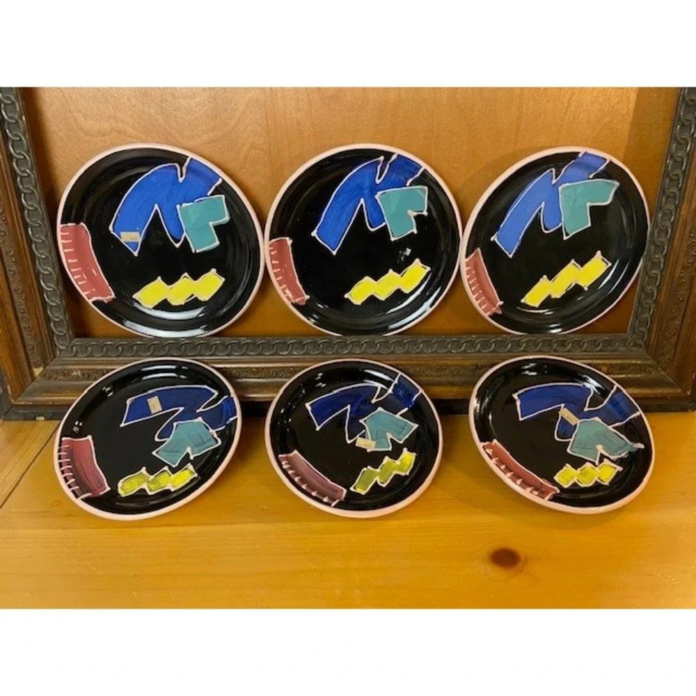 Helaine Melvin California Pottery Vintage Memphis Milano Style 1991 Plate Set 6